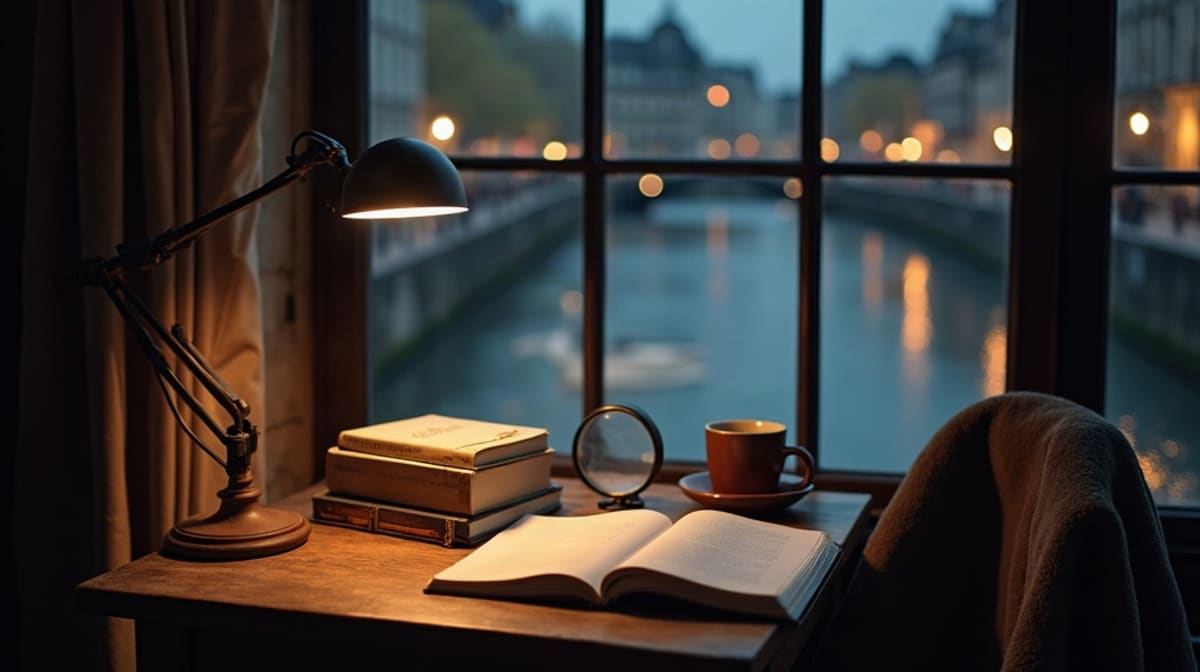 Pile de livres, loupe et lampe de bureau devant un quai de Garonne sous la pluie