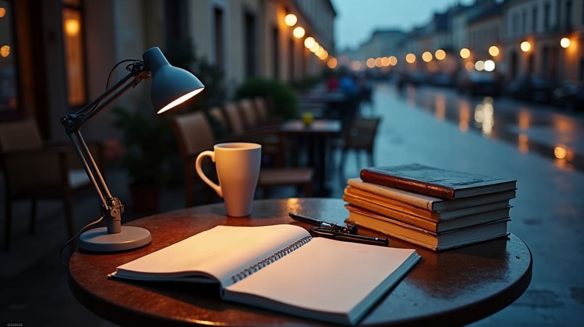 Pile de livres, loupe et lampe de bureau devant un quai de rivière la nuit