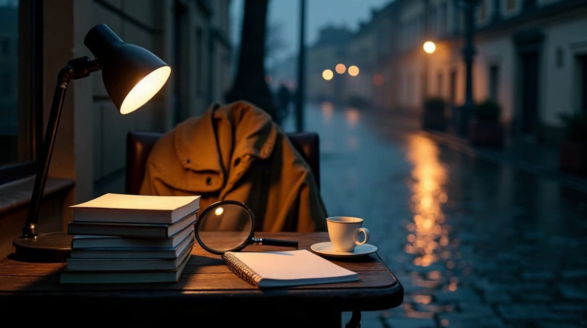 Pile de livres, loupe et lampe de bureau sur un quai pavé et mouillé la nuit